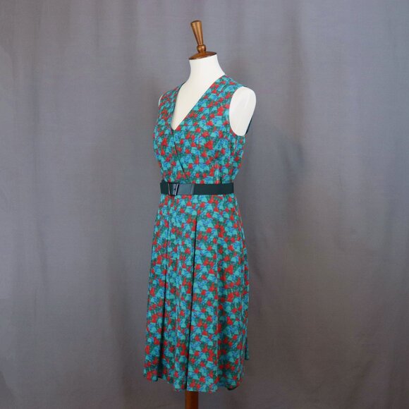 Akris 10 Green Red Ai Print Sleeveless Swing Fit Flare Pleated Pocket Dress - Picture 2 of 15